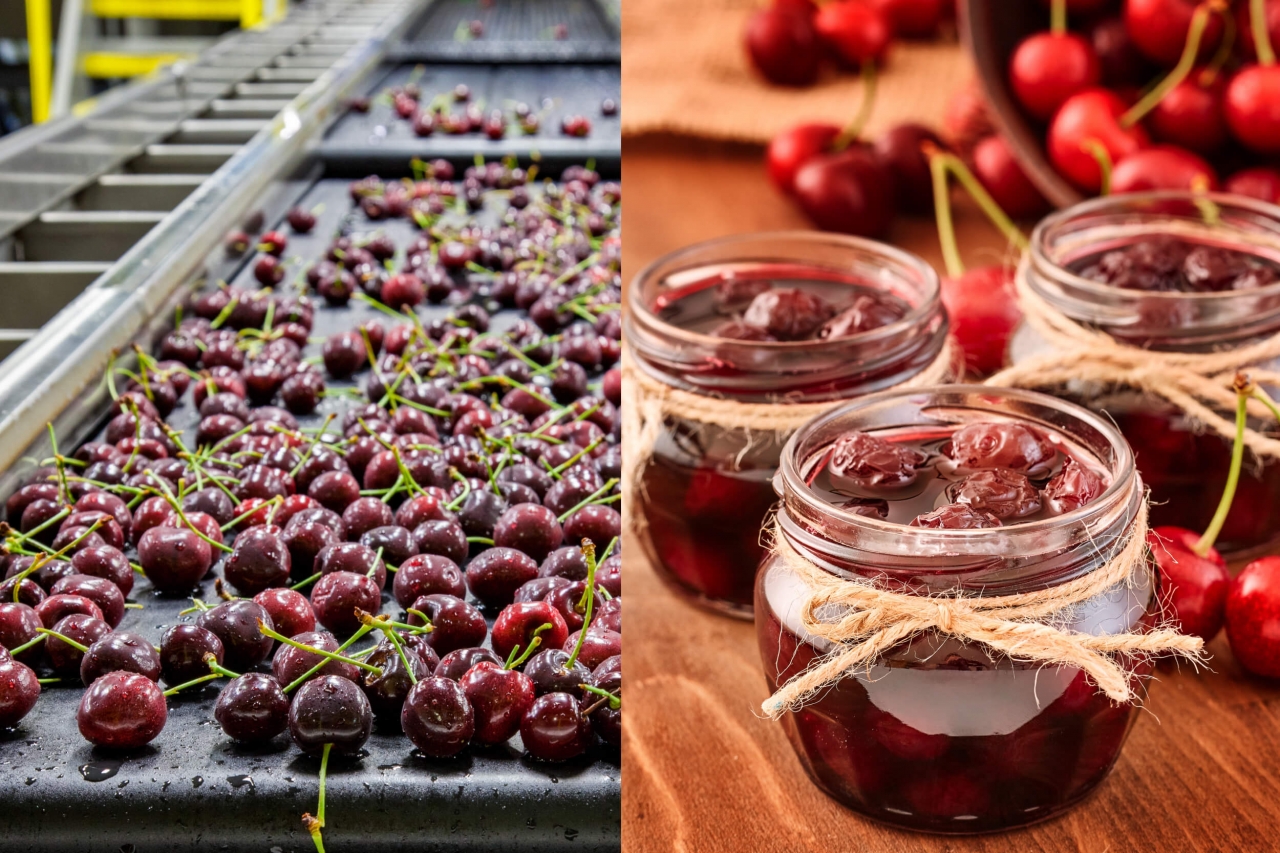 Como reduzir custos e manter fábrica e loja operando em sintonia Cerejas em uma fábrica ao lado de cerejas em compotas